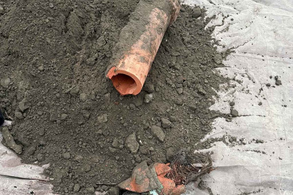 Sections of old clay sewer pipe removed from the trench