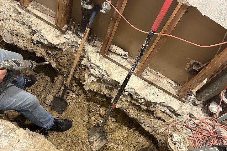 Slab broken out along an interior wall to reach a failed line