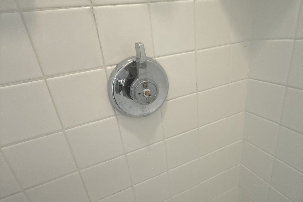 New shower valve trim installed in a tiled shower