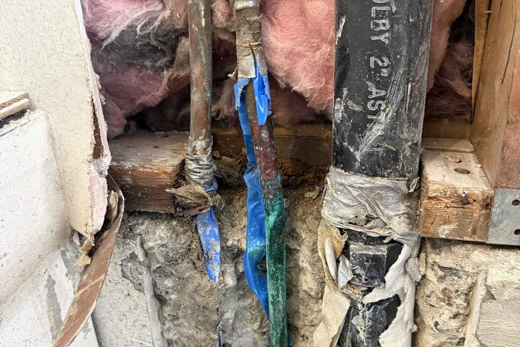 New water lines run beside the drain stack in a wall