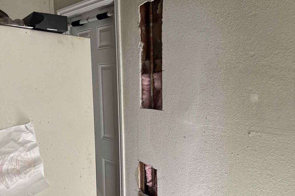 Access cutouts opened along a hallway for a repipe