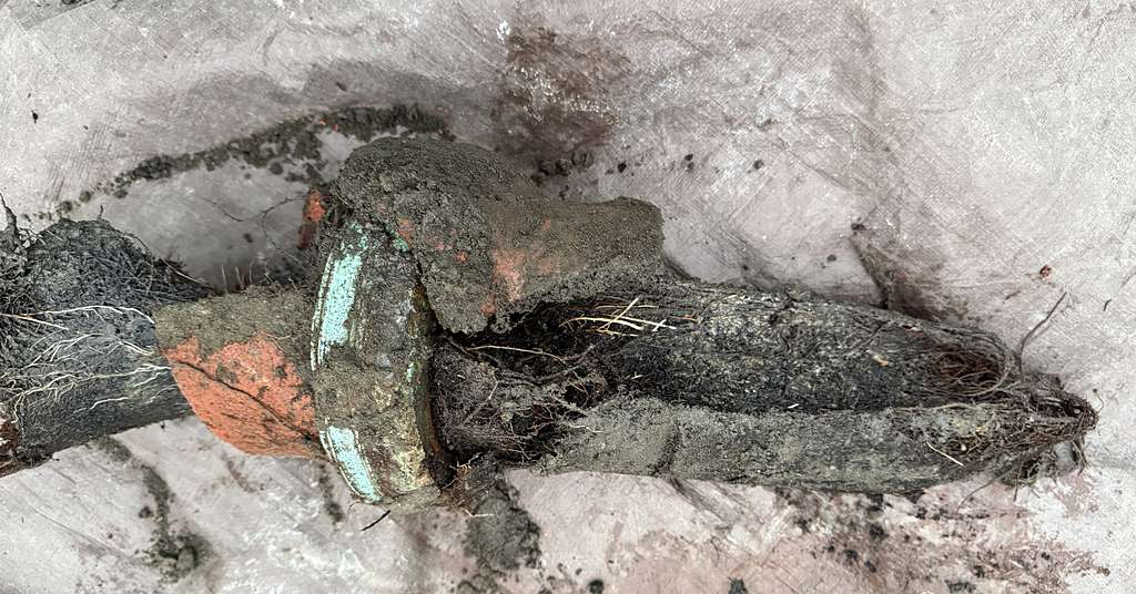 Broken clay sewer pipe filled with root growth
